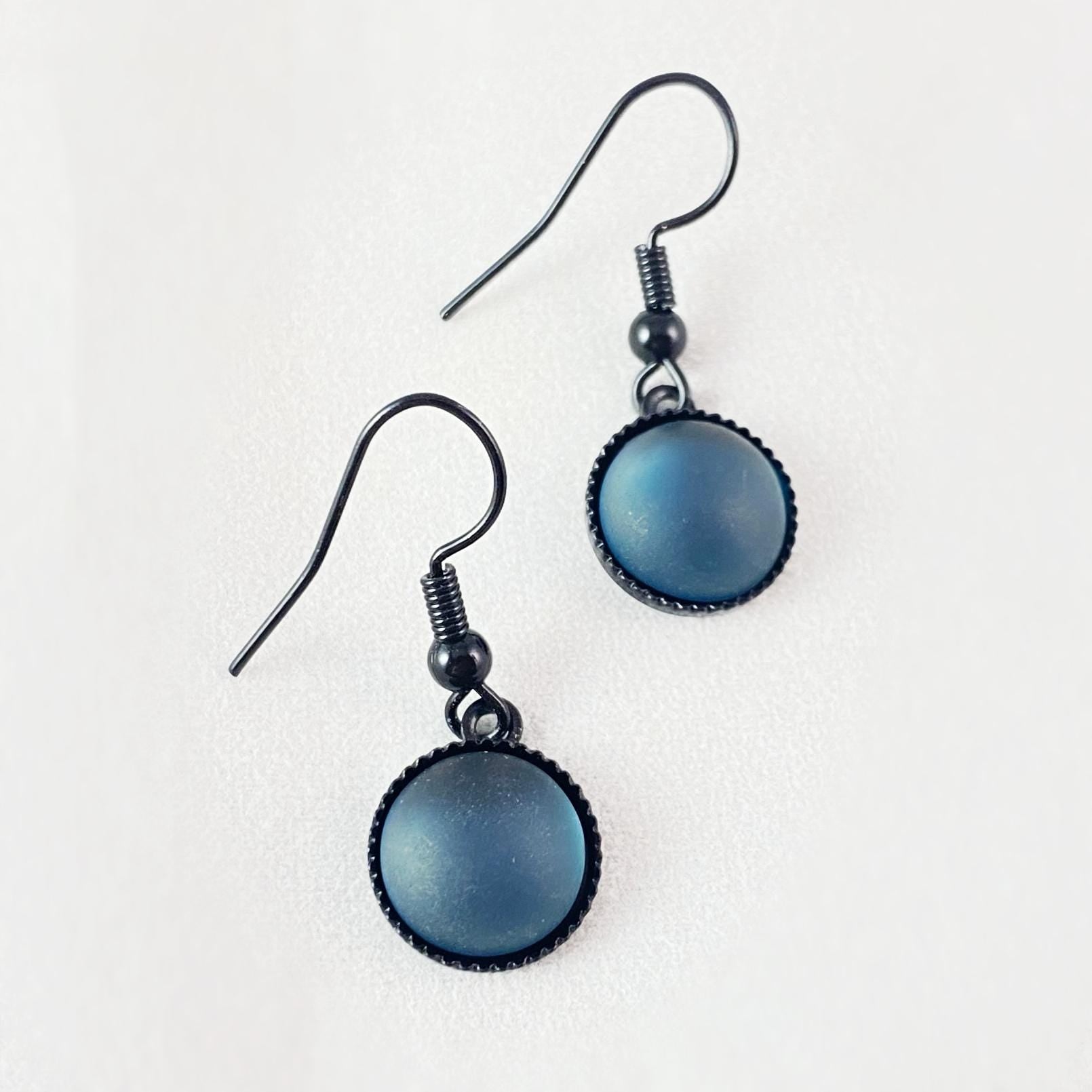 Round Earrings with Black Wire and Handmade Glass Beads, Hypoallergenic, Blue - Kristina