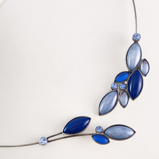 Silver Memory Wire Floral Necklace with Swarovski Crystals, Hypoallergenic, Blues - Kristina