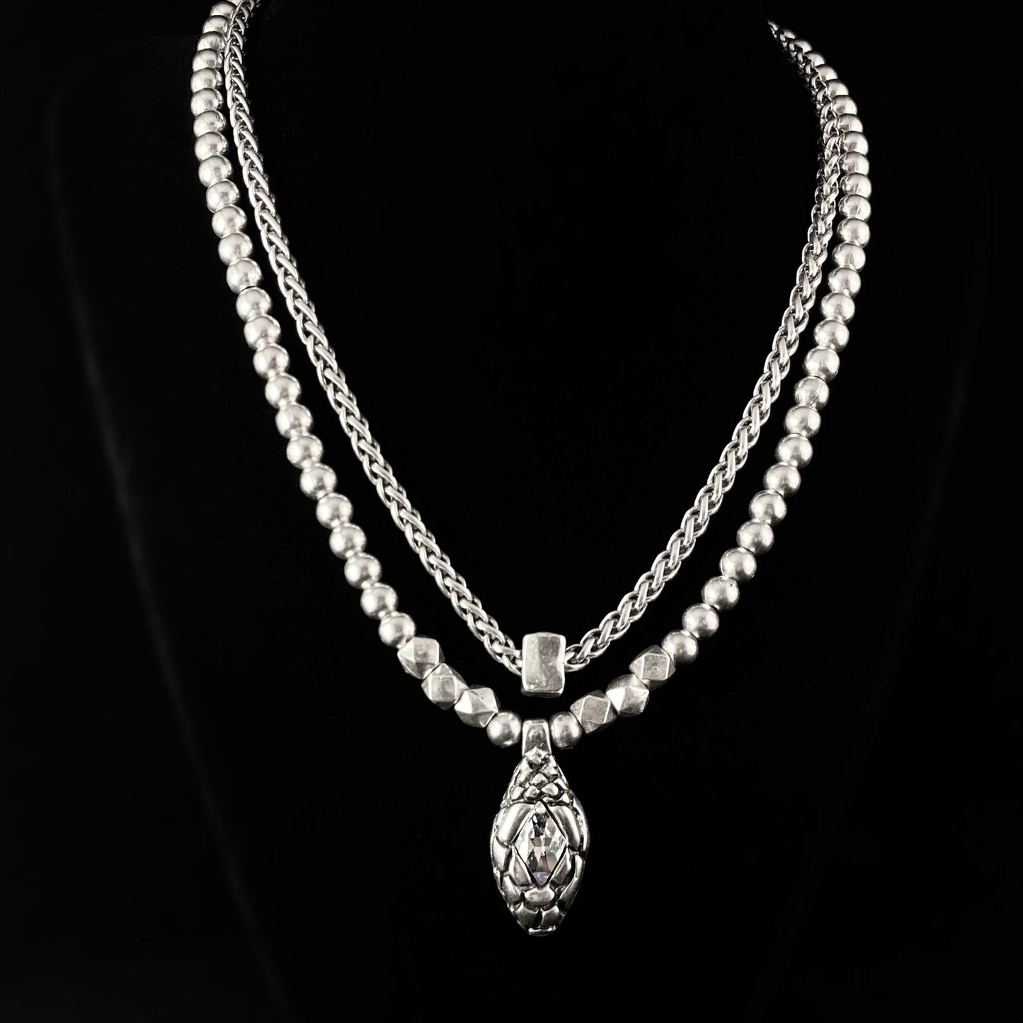 Silver Two Strand Necklace with Clear Crystal Snake Pendant, Handmade, Nickel Free - Noir