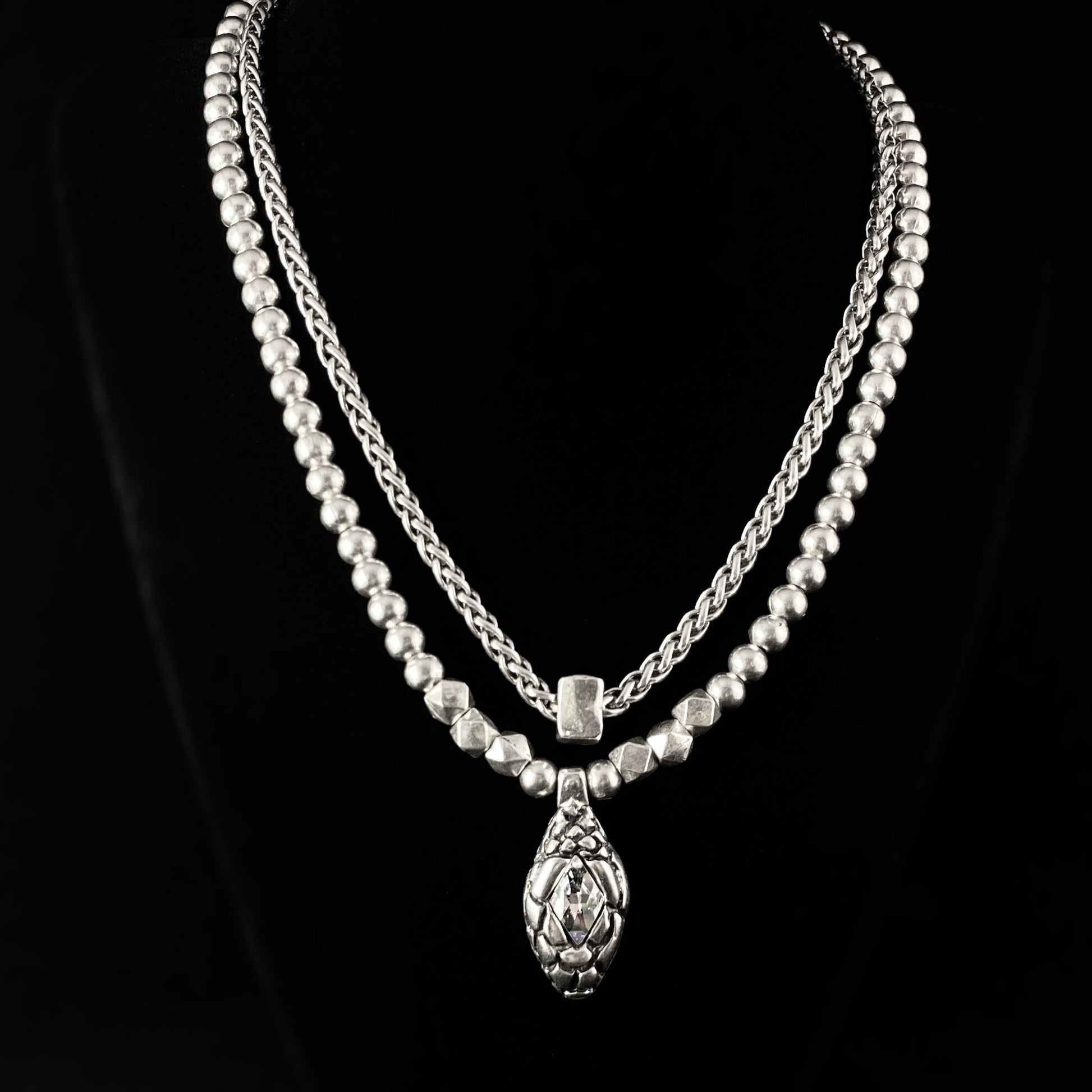 Silver Two Strand Necklace with Clear Crystal Snake Pendant, Handmade, Nickel Free - Noir