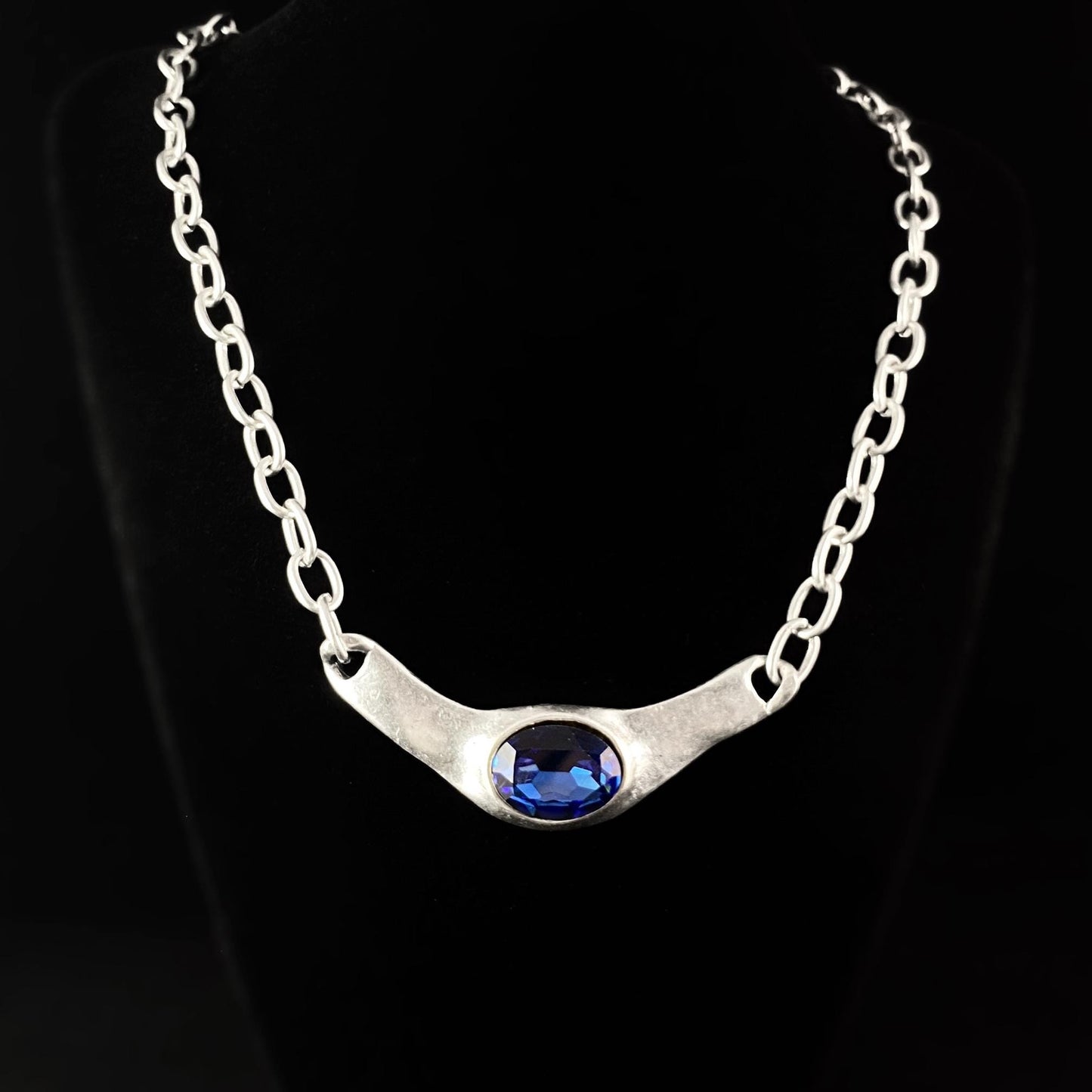 Chunky Silver Necklace with Blue Crystal Pendant, Handmade, Nickel Free - Noir
