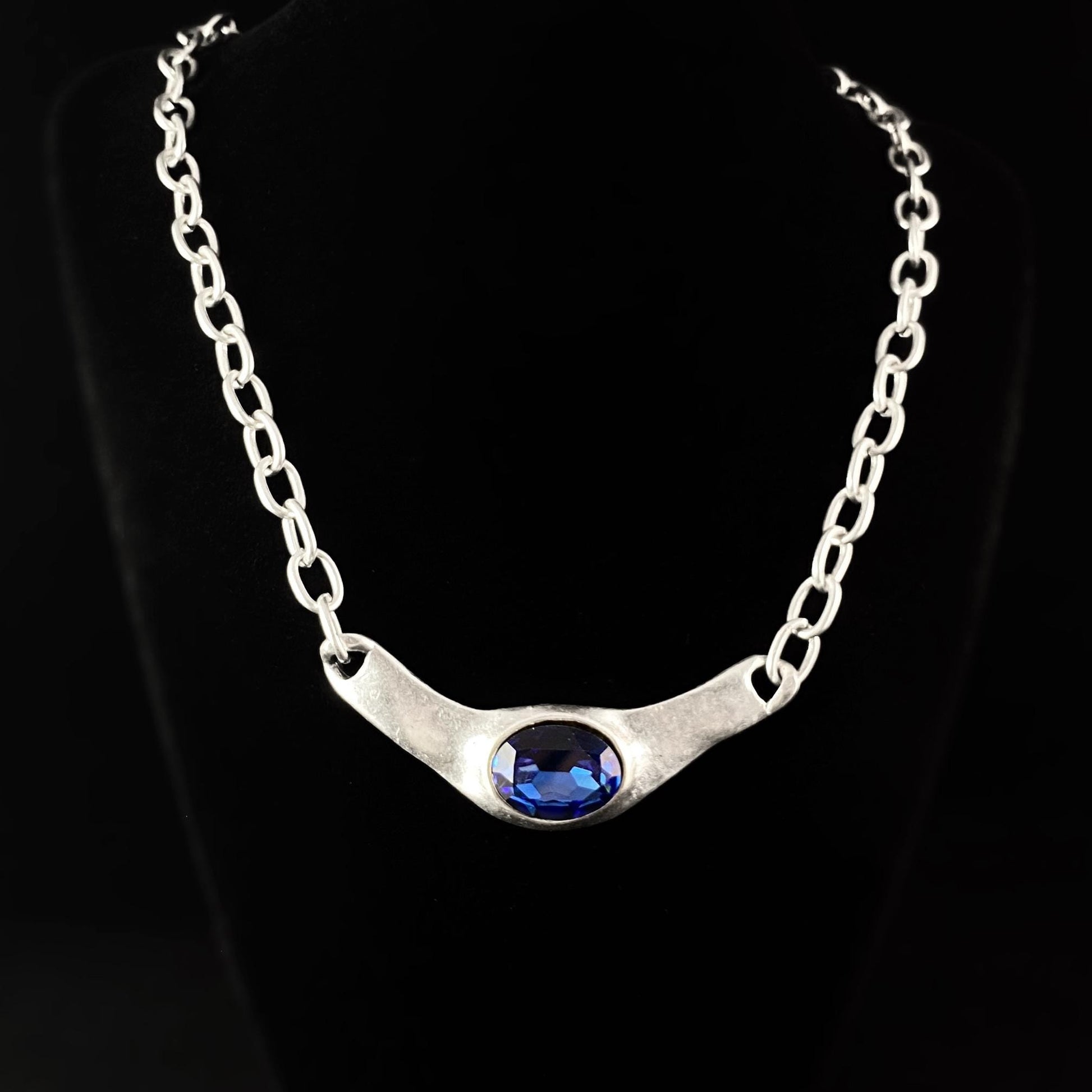 Chunky Silver Necklace with Blue Crystal Pendant, Handmade, Nickel Free - Noir