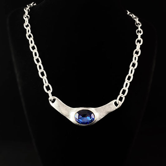 Chunky Silver Necklace with Blue Crystal Pendant, Handmade, Nickel Free - Noir