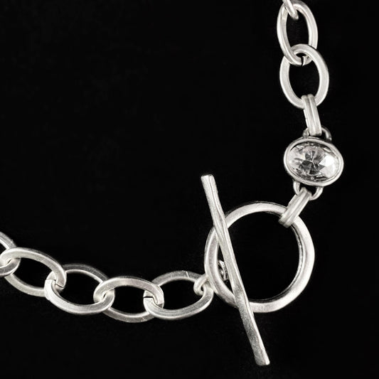 Chunky Chain Link Necklace with Clear Crystal and Toggle Closure, Handmade, Nickel Free - Noir