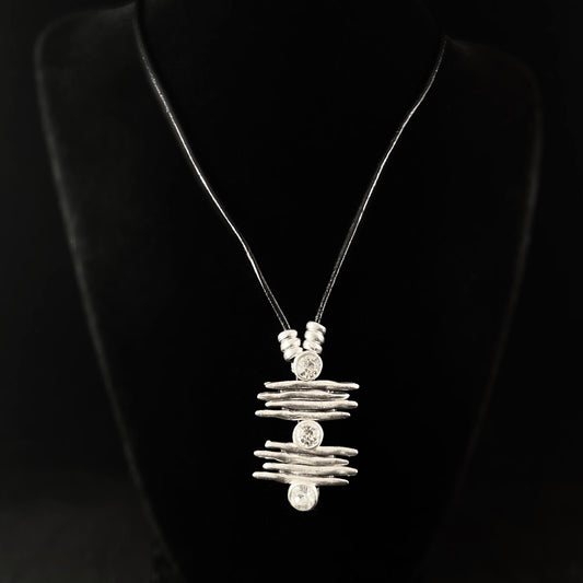 Silver Stacked Uneven Bars Necklace with Clear Crystals, Handmade, Nickel Free - Noir