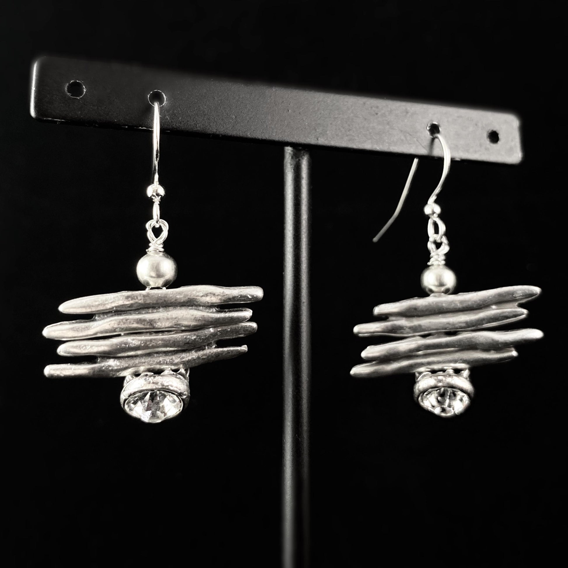 Silver Solar Spike Earrings with Clear Crystals, Handmade, Nickel Free - Noir