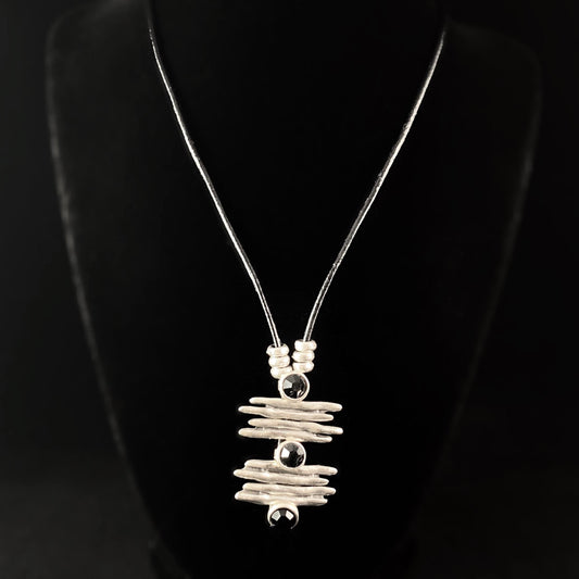 Silver Stacked Uneven Bars Necklace with Black Crystals, Handmade, Nickel Free - Noir