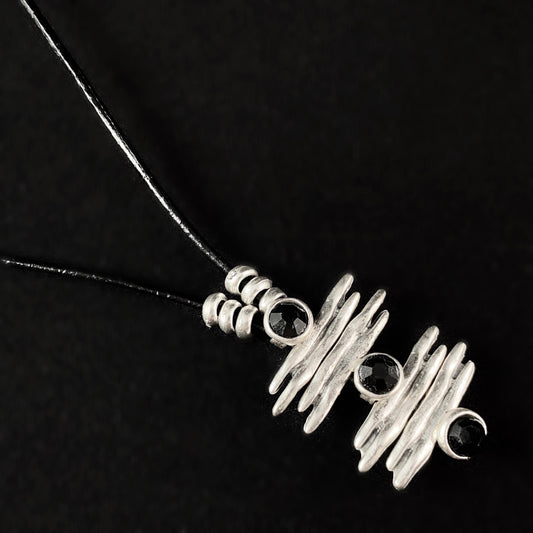 Silver Stacked Uneven Bars Necklace with Black Crystals, Handmade, Nickel Free - Noir