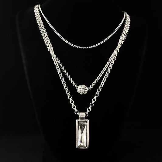 Long Three Strand Layered Necklace with Clear Crystal Pendant, Handmade, Nickel Free - Noir