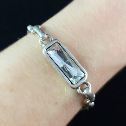 Silver Chain Link Bracelet with Rectangle Clear Crystal, Handmade, Nickel Free - Noir