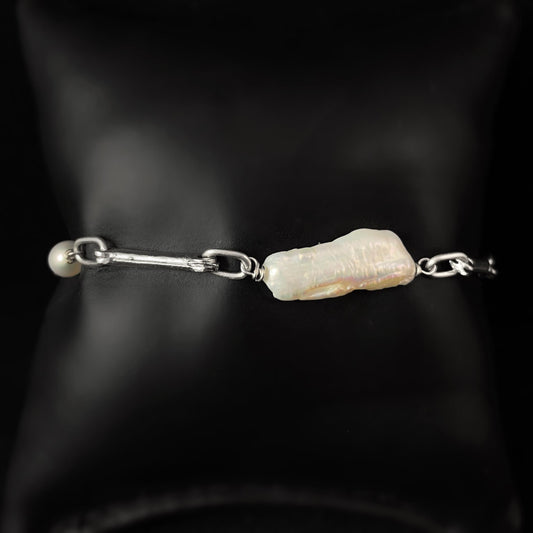Silver Chain Link Freshwater Pearl Bracelet, Handmade, Nickel Free - Noir