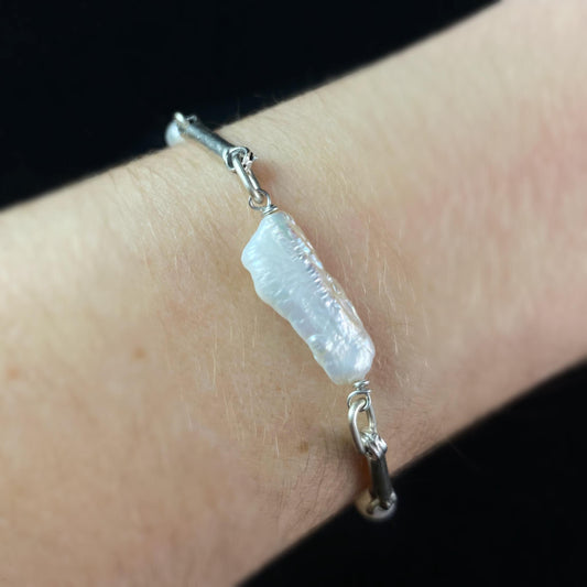 Silver Chain Link Freshwater Pearl Bracelet, Handmade, Nickel Free - Noir