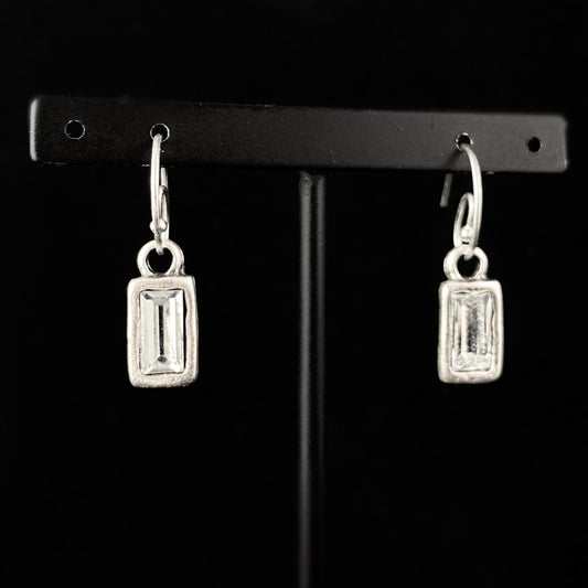 Silver Rectangle Crystal Drop Earrings, Handmade, Nickel Free - Noir
