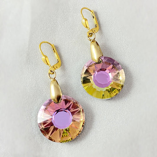 Pink/Green Round Cut Swarovski Crystal Drop Earrings - La Vie Parisienne by Catherine Popesco