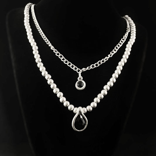 Long Two Strand Layered Necklace with Black Crystal Pendants, Handmade, Nickel Free - Noir