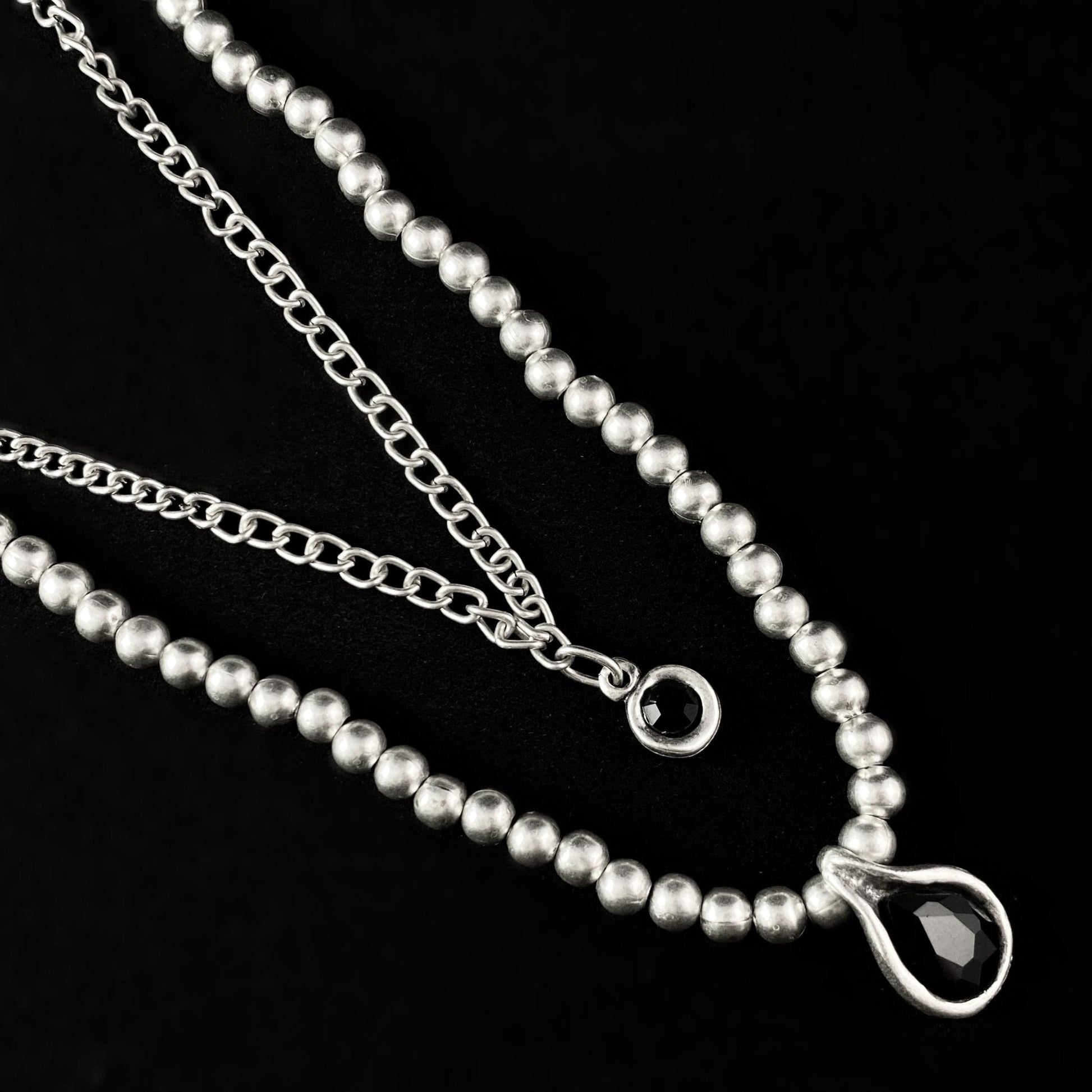 Long Two Strand Layered Necklace with Black Crystal Pendants, Handmade, Nickel Free - Noir