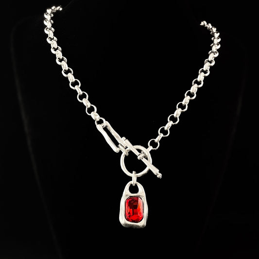 Silver Chain Link Necklace with Red Crystal Pendant and Toggle Clasp, Handmade, Nickel Free-Noir