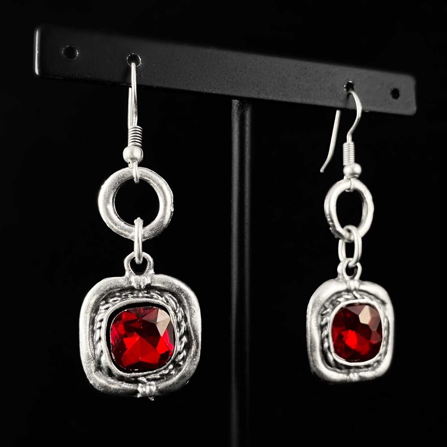 Silver Drop Earrings with Red Square Crystals, Handmade, Nickel Free - Noir