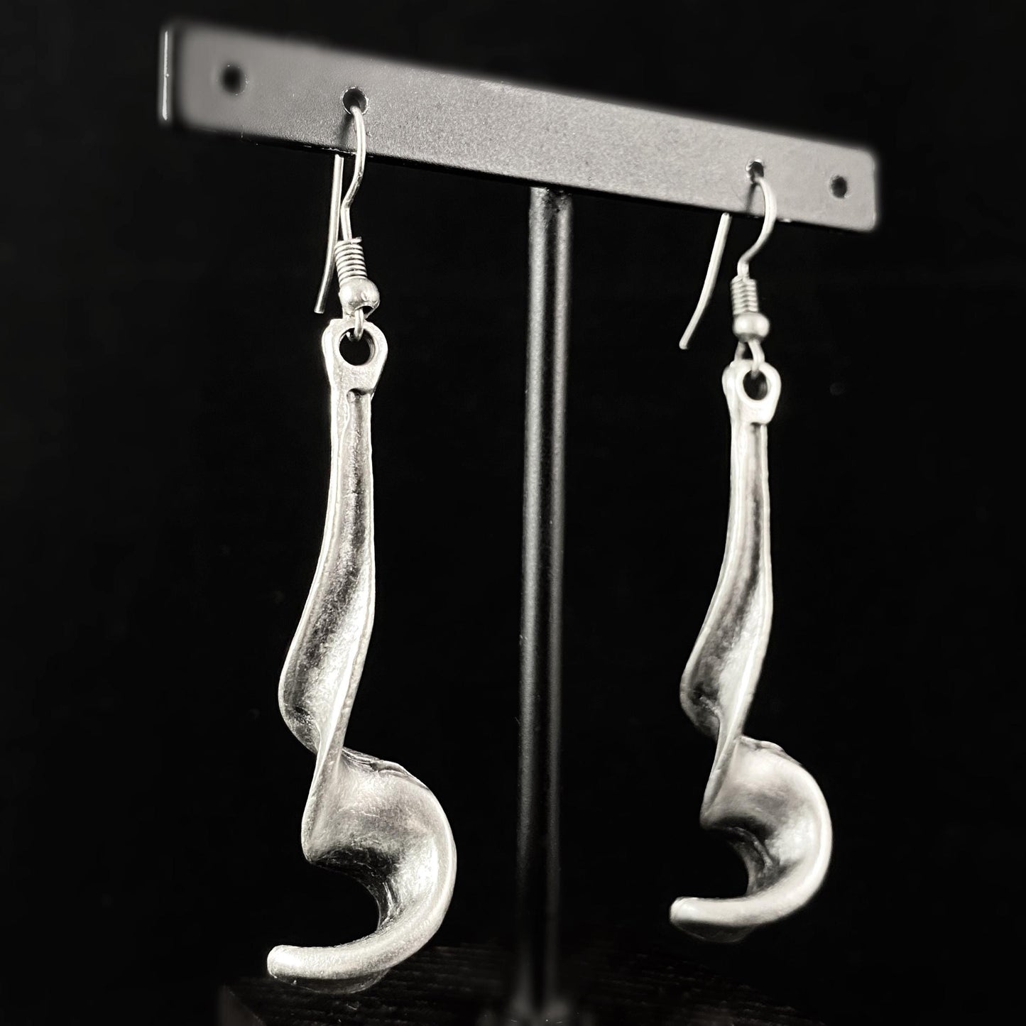 Silver Swirl Drop Earrings, Handmade, Nickel Free -Noir
