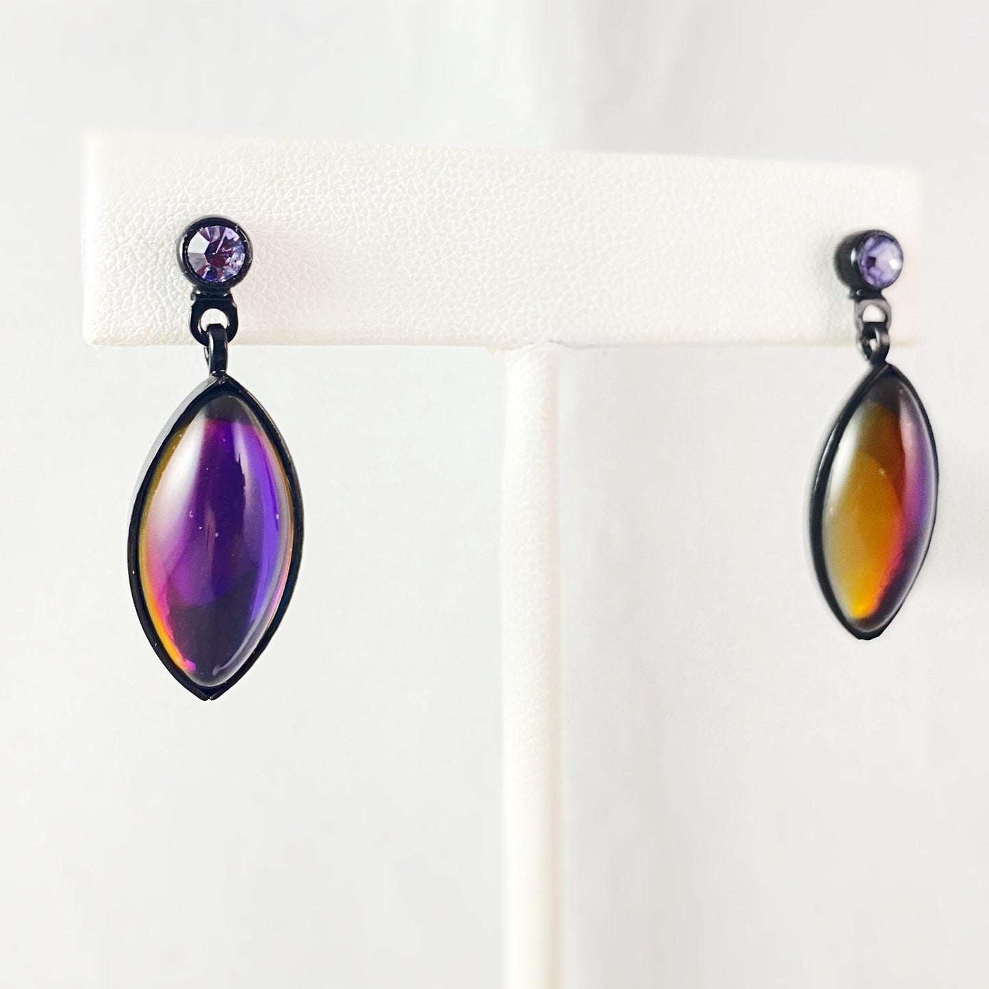 Marquise Shape Earrings with Black Wire and Handmade Glass Beads, Hypoallergenic, Iridescent Purple - Kristina