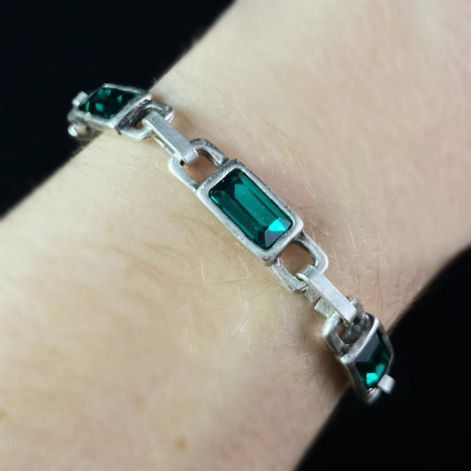Silver Chain Link Bracelet with Green Crystals, Handmade, Nickel Free - Noir