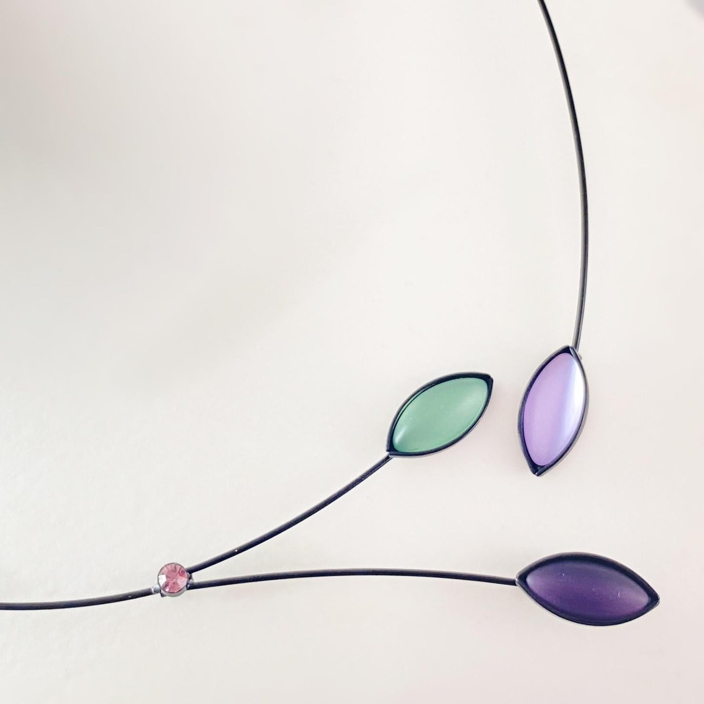 Black Memory Wire Floral Necklace with Handmade Glass Beads, Hypoallergenic, Purple/Green - Kristina