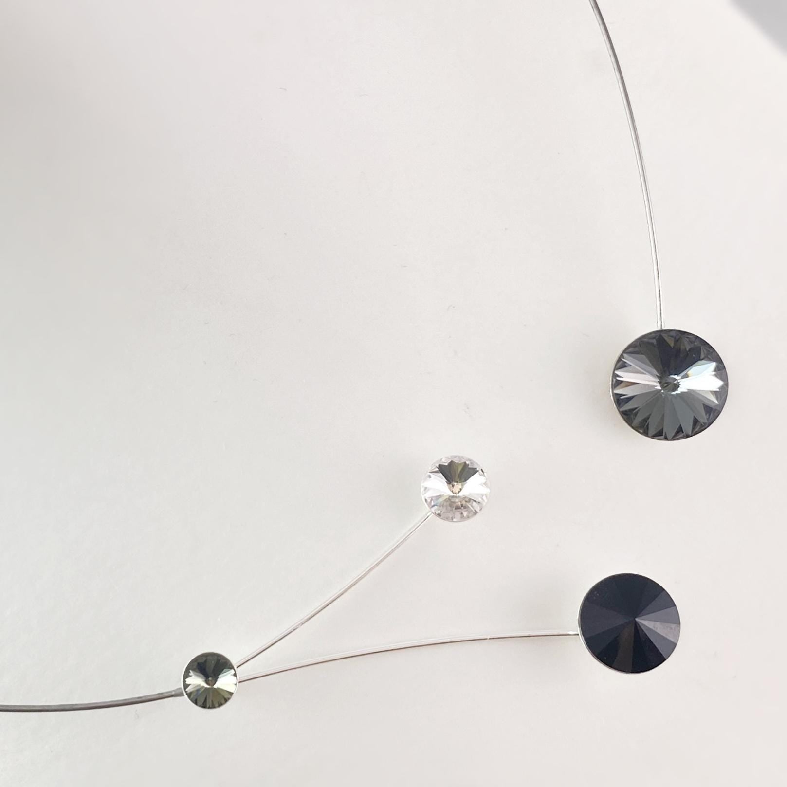 Black Memory Wire Floral Necklace with Swarovski Crystals, Hypoallergenic, Black/Clear - Kristina