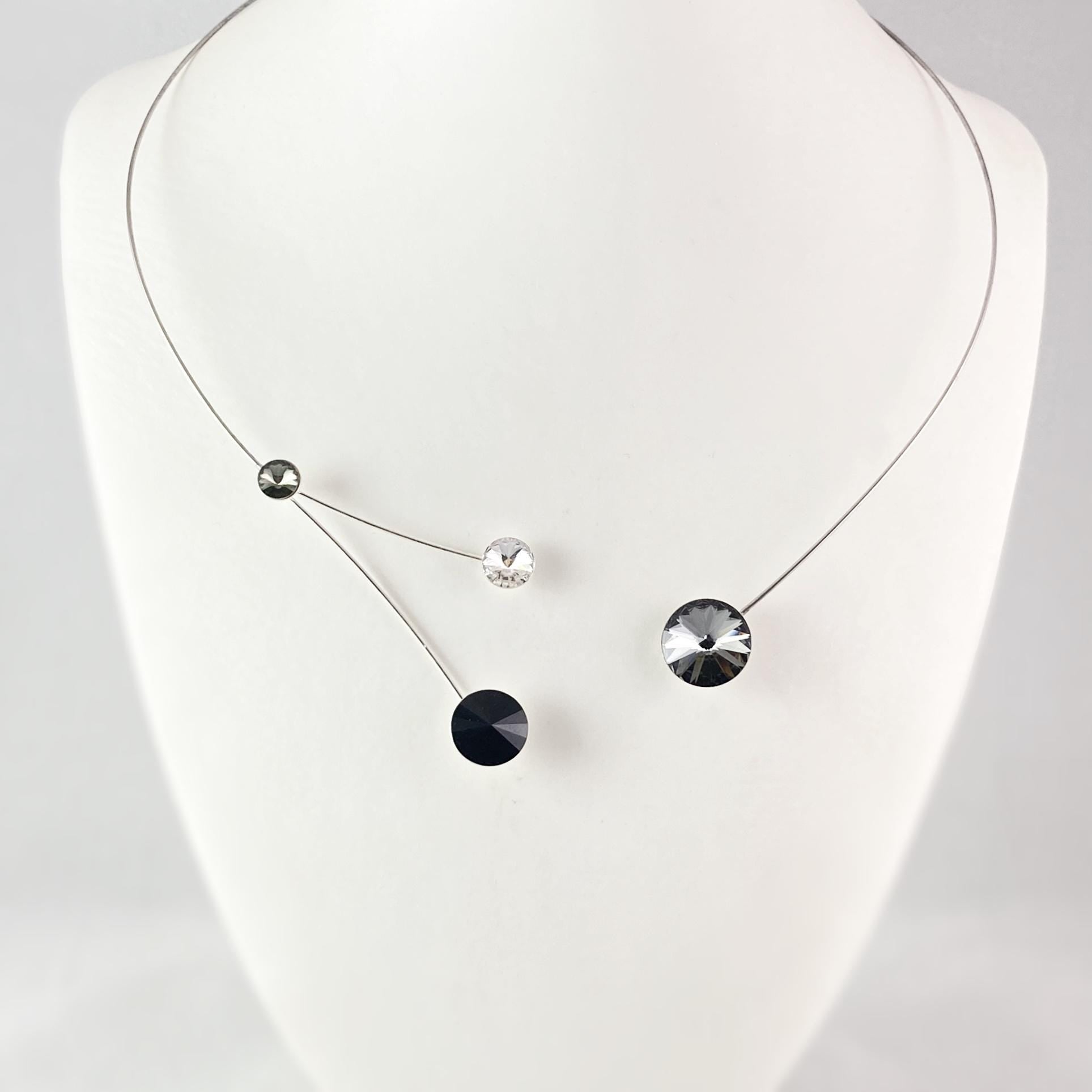 Black Memory Wire Floral Necklace with Swarovski Crystals, Hypoallergenic, Black/Clear - Kristina