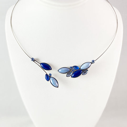 Silver Memory Wire Floral Necklace with Swarovski Crystals, Hypoallergenic, Blues - Kristina