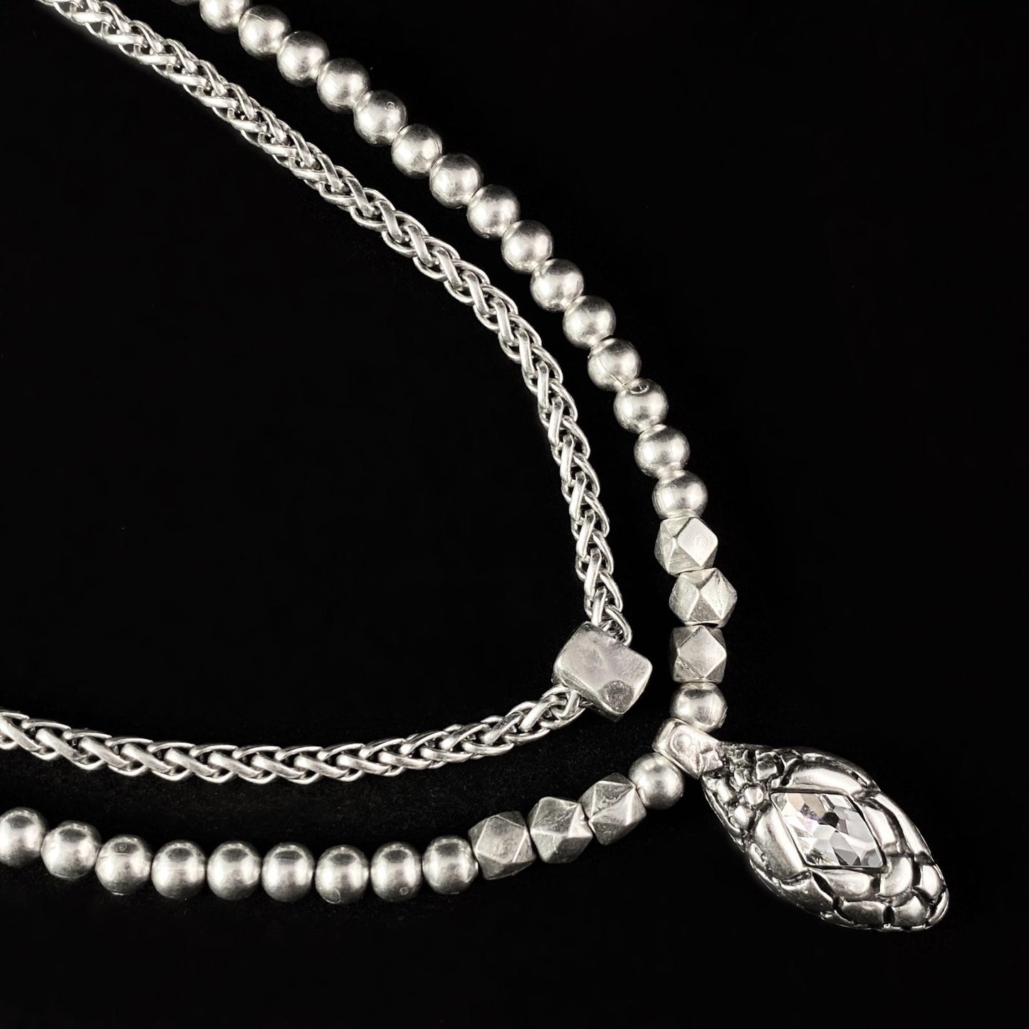 Silver Two Strand Necklace with Clear Crystal Snake Pendant, Handmade, Nickel Free - Noir