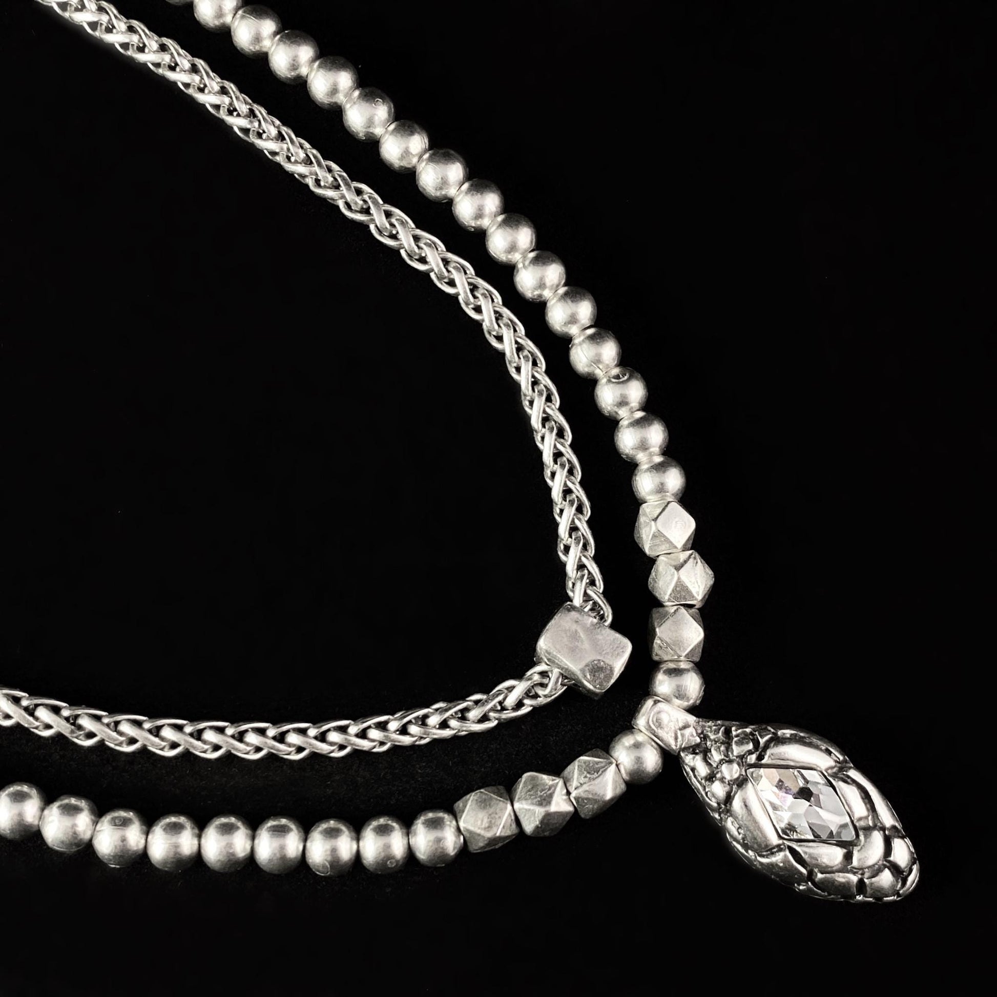 Silver Two Strand Necklace with Clear Crystal Snake Pendant, Handmade, Nickel Free - Noir