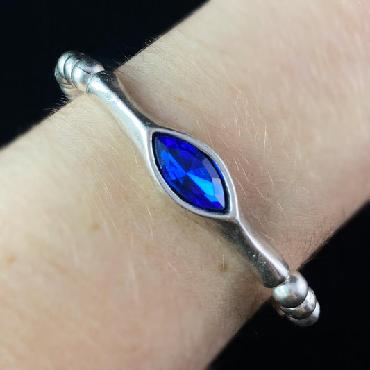 Silver Beaded Bracelet with Blue Crystal, Handmade, Nickel Free - Noir