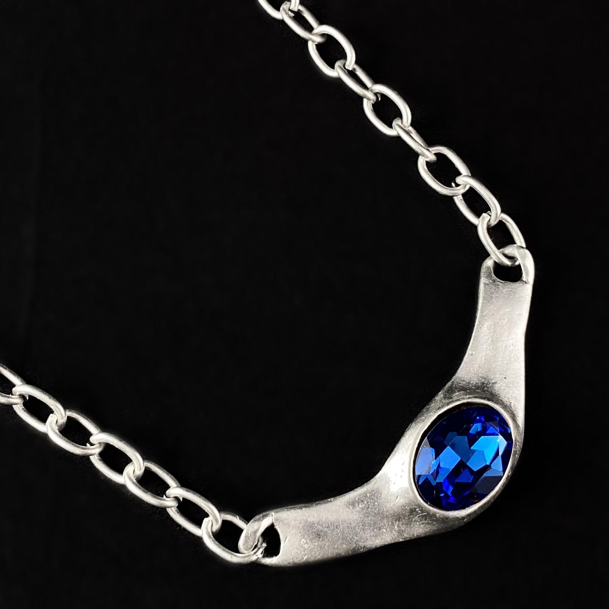 Chunky Silver Necklace with Blue Crystal Pendant, Handmade, Nickel Free - Noir