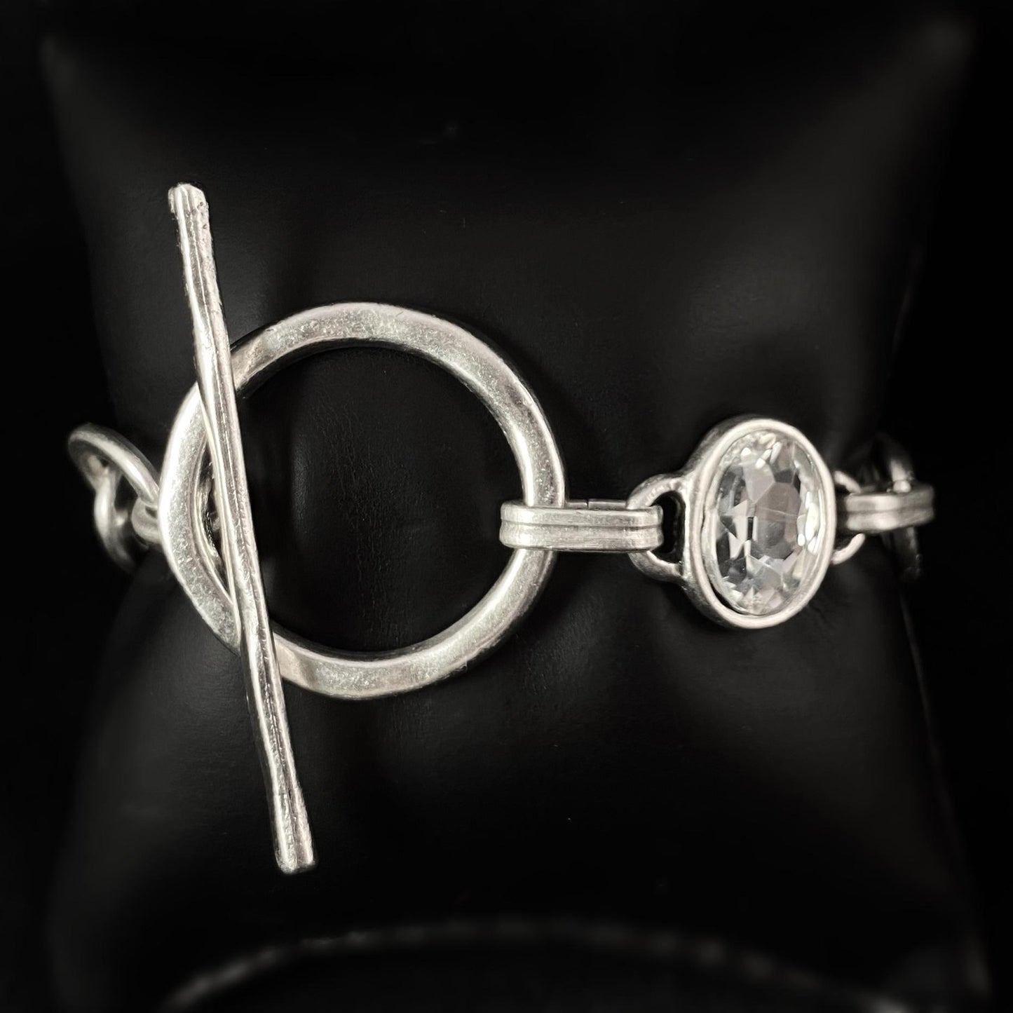 Chunky Chain Link Bracelet with Clear Crystal and Toggle Closure, Handmade, Nickel Free - Noir