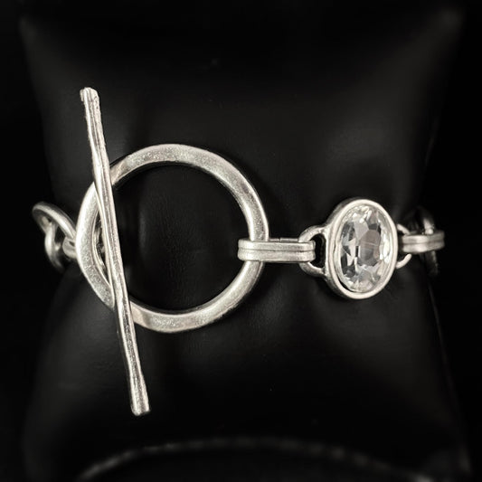 Chunky Chain Link Bracelet with Clear Crystal and Toggle Closure, Handmade, Nickel Free - Noir