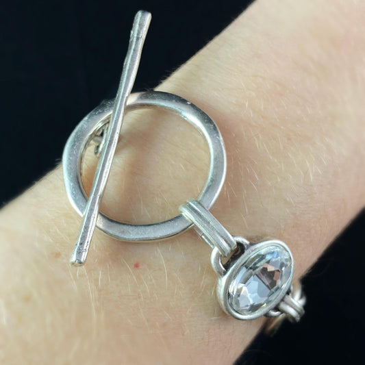 Chunky Chain Link Bracelet with Clear Crystal and Toggle Closure, Handmade, Nickel Free - Noir