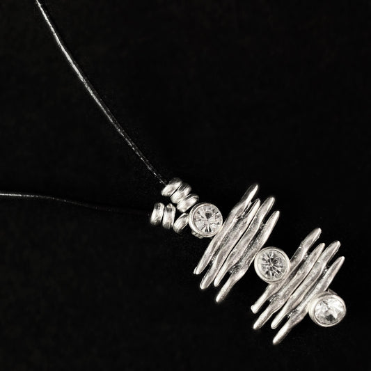 Silver Stacked Uneven Bars Necklace with Clear Crystals, Handmade, Nickel Free - Noir