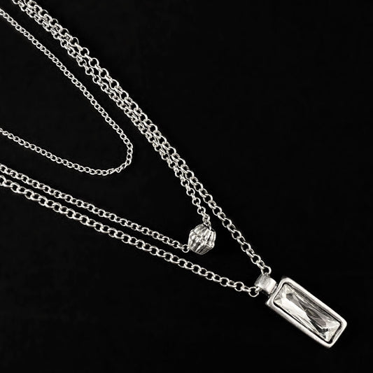 Long Three Strand Layered Necklace with Clear Crystal Pendant, Handmade, Nickel Free - Noir