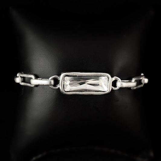 Silver Chain Link Bracelet with Rectangle Clear Crystal, Handmade, Nickel Free - Noir
