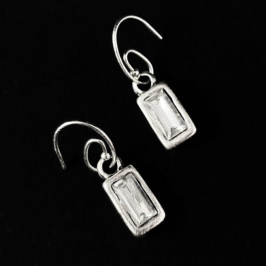 Silver Rectangle Crystal Drop Earrings, Handmade, Nickel Free - Noir