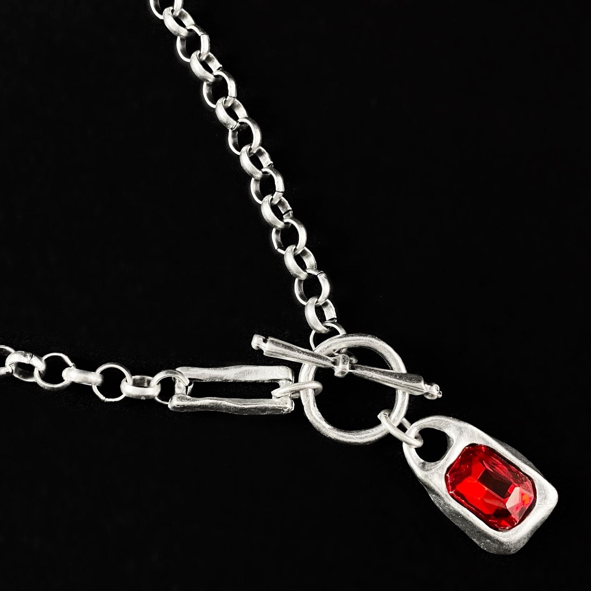 Silver Chain Link Necklace with Red Crystal Pendant and Toggle Clasp, Handmade, Nickel Free-Noir