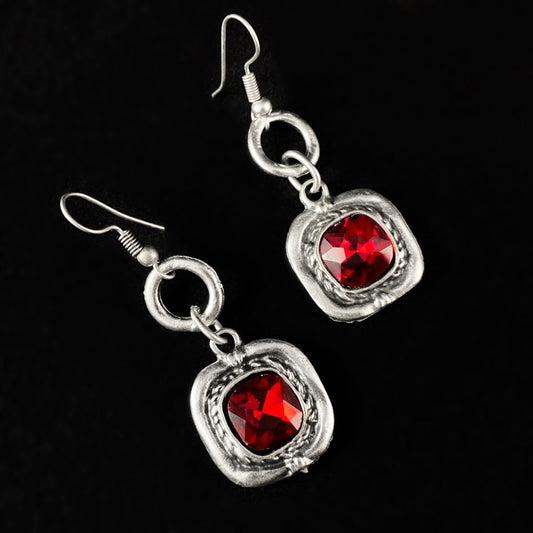 Silver Drop Earrings with Red Square Crystals, Handmade, Nickel Free - Noir