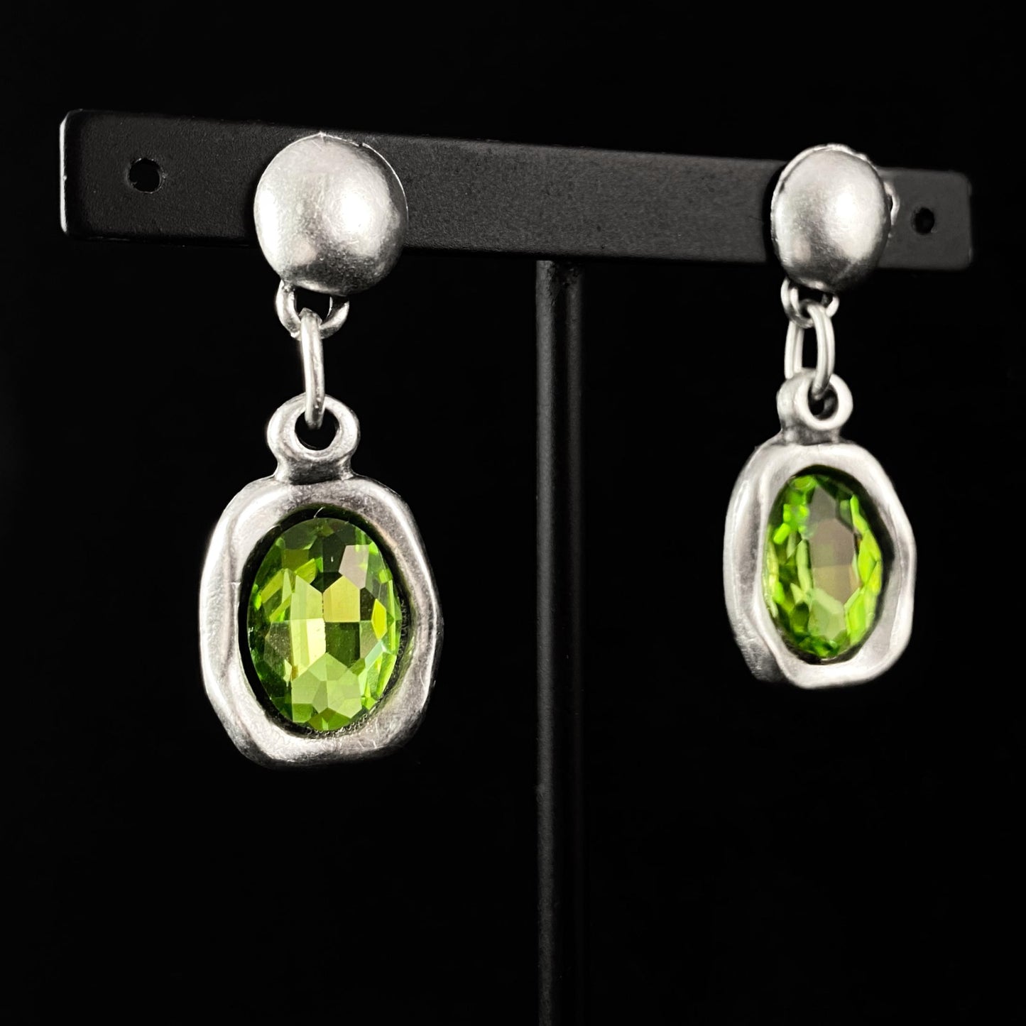 Silver Drop Earrings with Green Oval Crystals, Handmade, Nickel Free - Noir