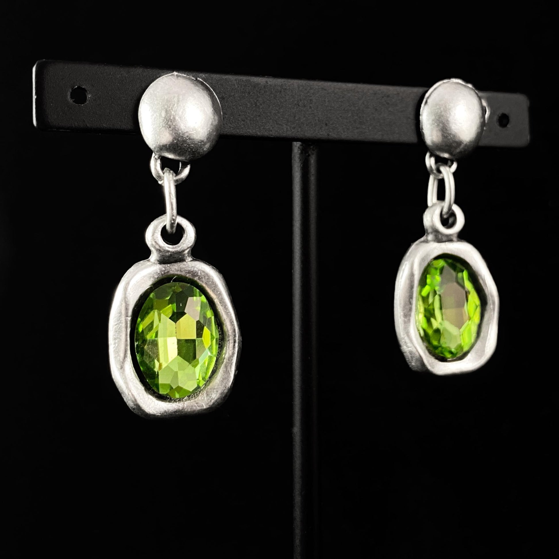 Silver Drop Earrings with Green Oval Crystals, Handmade, Nickel Free - Noir