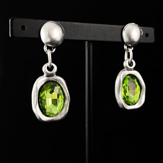 Silver Drop Earrings with Green Oval Crystals, Handmade, Nickel Free - Noir