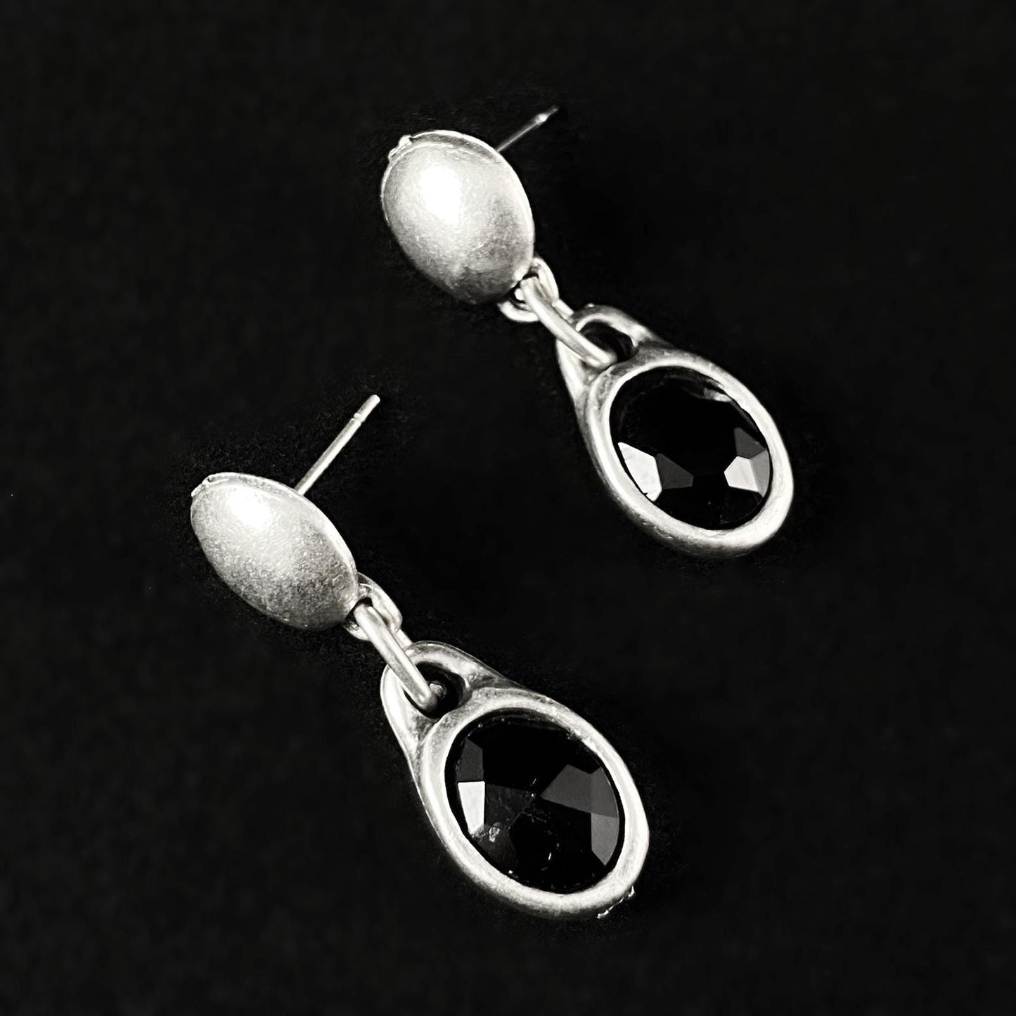 Silver Drop Earrings with Black Oval Crystals, Handmade, Nickel Free - Noir