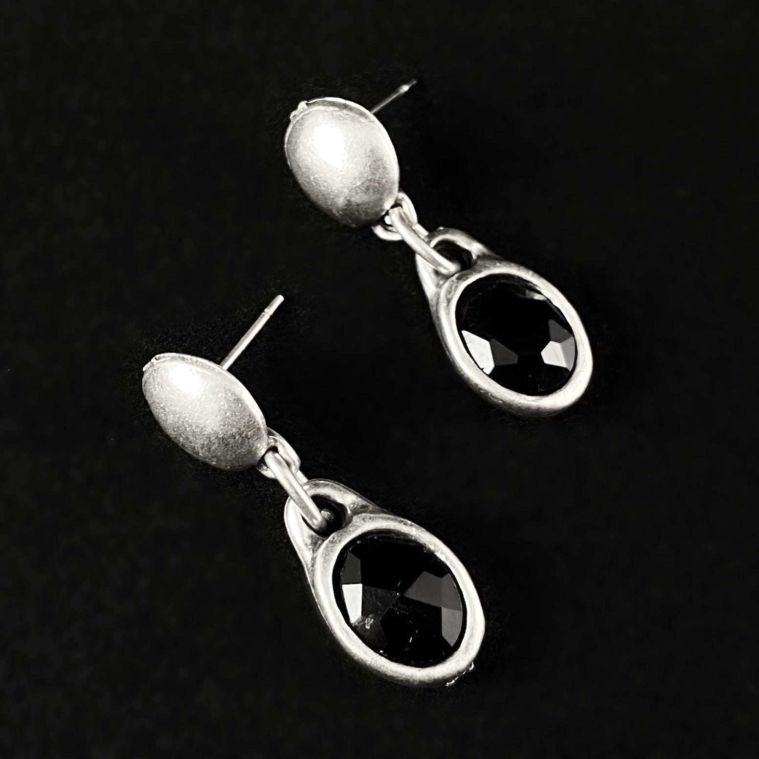 Silver Drop Earrings with Black Oval Crystals, Handmade, Nickel Free - Noir