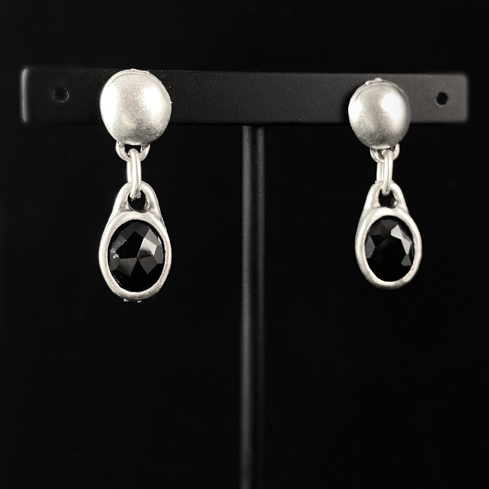 Silver Drop Earrings with Black Oval Crystals, Handmade, Nickel Free - Noir