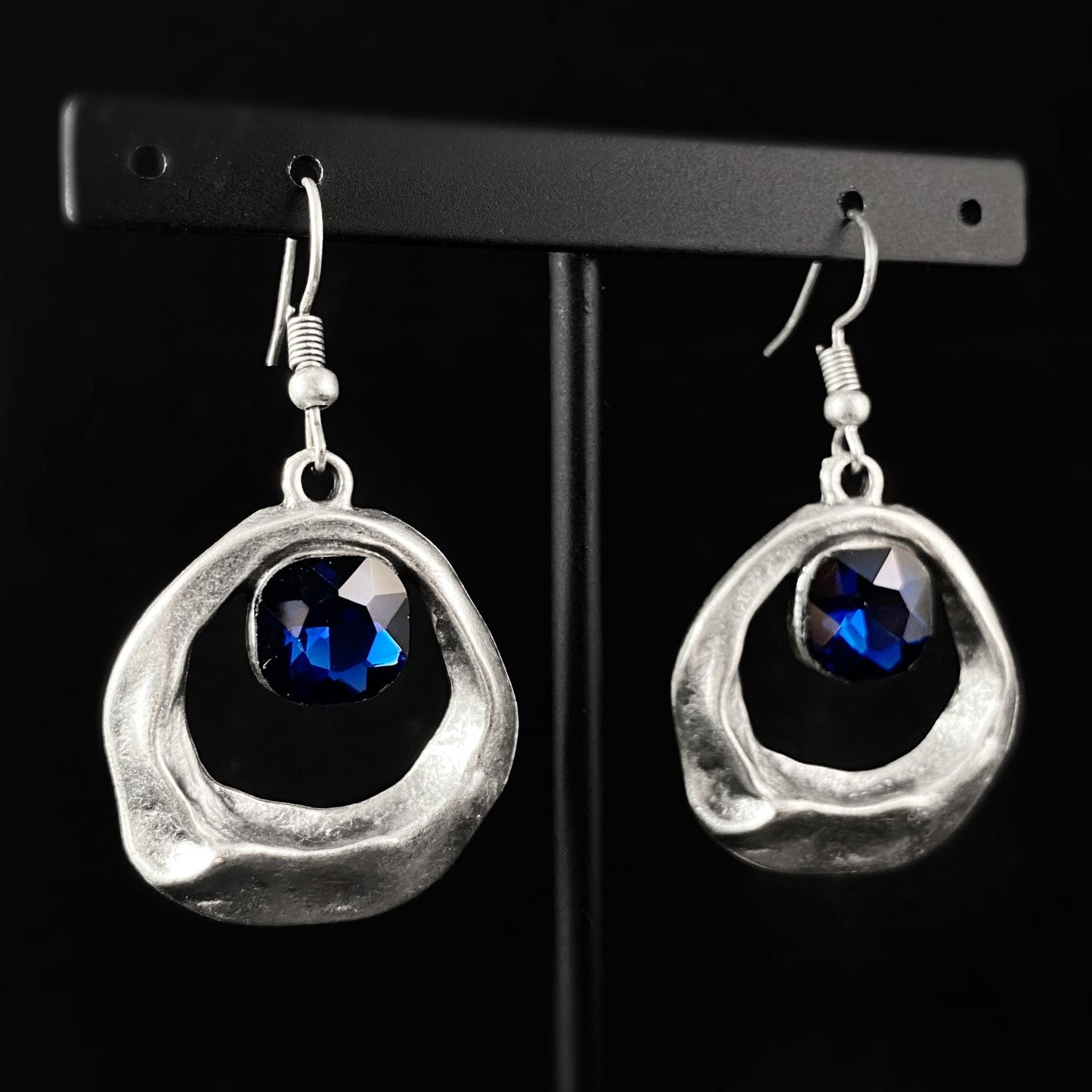 Silver Circle Drop Earrings with Deep Blue Crystal, Handmade, Nickel Free - Noir
