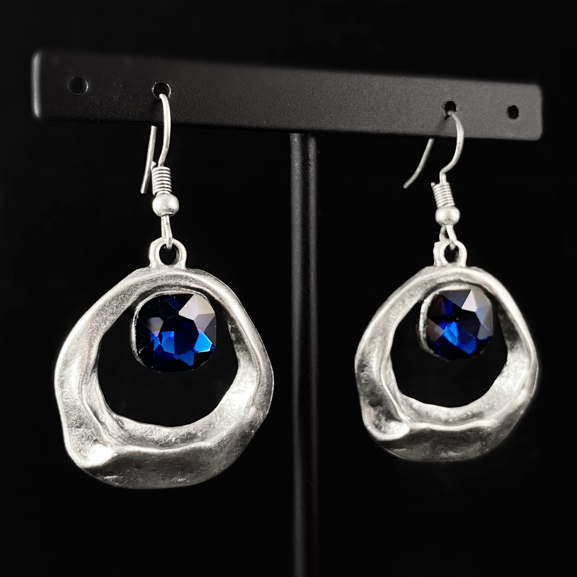 Silver Circle Drop Earrings with Deep Blue Crystal, Handmade, Nickel Free - Noir